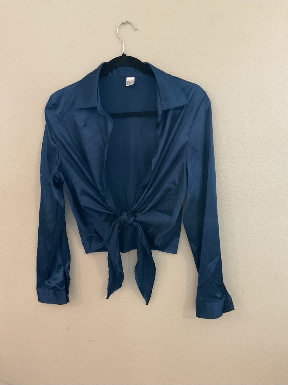 Source Unknown Deep Blue Satin Tie-Front Button Down Shirt